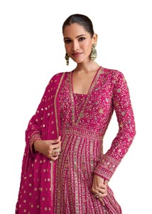 Elegant Women's Pink Embroidered Anarkali Lehenga Set 3-Piece Full Length V-Neck <b>Top</b> Dupatta Striped Pattern Handwork Design - Product Image 2