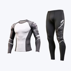 Conjunto de compresión de manga larga para hombre, color negro, cuello redondo, de secado rápido, licra y poliéster, top de manga larga y pantalones, kit sólido para todas las estaciones - Product Image 3
