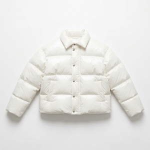 Chaqueta Acolchada Crema con Cuello Alto y Cierre de un Solo Botón, Chaqueta Corta de Invierno para Mujer, Color Sólido, Relleno de Poliéster - Product Image 3