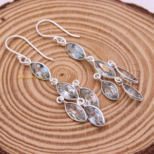 Wholesale 925 Solid Sterling Silver Natural Marquise Blue Topaz Bezel Set Multi Stone Dangle Earrings Memoria Jewels - Product Image 1