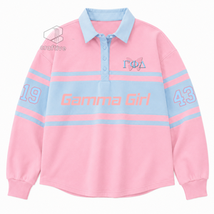 เสื้อรักบี้ลายทางสำหรับผู้หญิง Gamma Phi Delta Sorority แขนยาว คอปกโปโล สีตัดต่อ ปักลายกราฟิก - Product Image 1