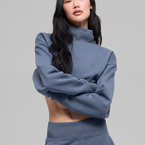 Sweat-shirt à col roulé pour femme, col rond, couleur unie, manches longues, tricoté en coton et fibre de bambou, respirant, pour l'automne - Product Image 6