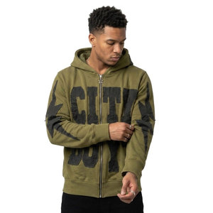 Sudadera con Capucha de Secado Rápido con Cierre, Verde Oliva, Estilo Urbano, Corte Holgado, Sudadera con Capucha para Hombre, Manga Regular, Felpa Francesa, Algodón - Product Image 2