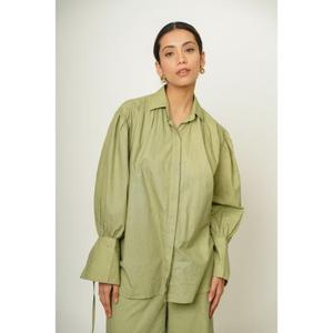Conjunto de Camisa Oversize Verde de Lino Premium y Pantalones de Pierna Ancha, Manga Larga, Cómodo, Color Sólido, Estilo Simple, Para Todas las Temporadas - Product Image 4