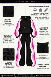 Conjunto Deportivo de 2 Piezas para Mujer, Color Negro, 100% Algodón, Invierno, Sudadera con Capucha y Pantalones Anchos con Cordón y Rayas Laterales - Product Image 5