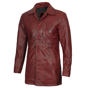 Men's <b>Burgundy</b> Genuine Leather Long <b>Trench</b> <b>Coat</b> Notched Lapel Single Breasted Regular Sleeve - Product Image 5