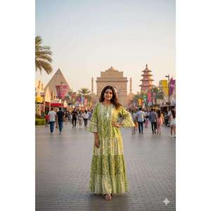 Vestido largo de algodón con estampado floral para mujer, corte relajado, manga 3/4, estilo bohemio, vestido de algodón con estampado a mano, cuello redondo, vestido informal - Product Image 1