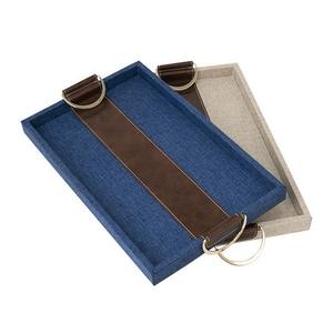 Plateau de service classique en bois, grand plateau décoratif en bois pour le petit-déjeuner, le thé, le café, l'ottoman, en bleu avec sangle en cuir - Product Image 6