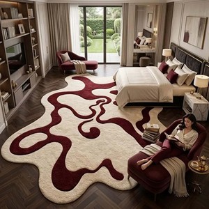 Alfombra Moderna de Diseño Irregular, Hecha a Mano, en Rojo y Crema, Alfombra de Lana Contemporánea para Sala de Estar, Dormitorio, Decoración Suave para el Hogar - Product Image 5
