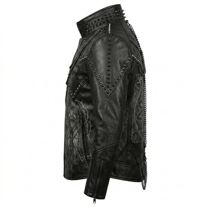 Chaqueta de Cuero Negra con Cadenas y Púas Estilo Gótico Punk para Hombre, Abrigo con Gráficos de Vitral de Catedral, Venta al por Mayor de Fábrica, Servicio Personalizado OEM ODM - Product Image 4