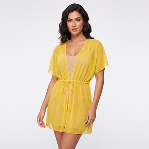 Robe de bain pour femme, col en V profond, avec cordon de serrage, en maille transparente, cache-maillot de plage, tenue de plage pour femme, cache-maillot transparent - Product Image 3