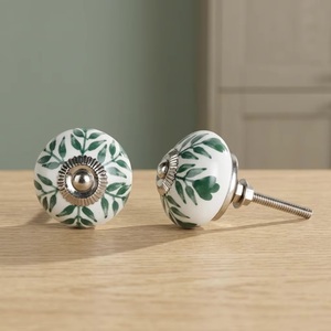 <b>Ceramic</b> Round Cabinet <b>Knobs</b> Green Leaf Pattern Farmhouse Style Kitchen <b>Drawer</b> Handle Durable Design - Product Image 1