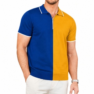Chemise décontractée pour homme en coton Oxford tricoté, bleu et jaune, à blocs de couleur, avec poche, respirante, à manches courtes et fermeture éclair, coupe classique - Product Image 5