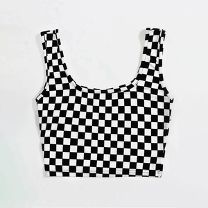 Women <b>Checkered</b> Sports Bra Scoop Neck Medium Support Breathable Yoga <b>Top</b> Spandex Polyester Non-Convertible Straps - Product Image 4