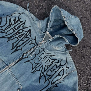 Sweat à capuche vintage personnalisé en denim, coupe ample, en coton épais délavé, avec fermeture éclair, style streetwear décontracté - Product Image 3