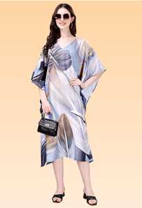 Robe kaftan courte pour femme – Bleu pastel avec imprimé floral abstrait coloré, coupe ample, style tunique. - Product Image 2