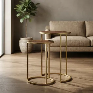 Modern Handmade Round Wooden Coffee <b>Table</b> with Iron Legs <b>Nesting</b> Design - Product Image 1