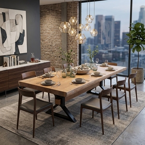 Mesa de Comedor de Madera Maciza de Suar con Borde Natural, Patas de Metal Negro con Base Cruzada, Muebles de Cocina Rústicos Industriales, Losa Natural - Product Image 4