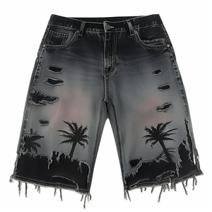 <b>Men</b> Denim <b>Shorts</b> Mid Waist Star Pattern Casual Summer Wear Distressed Cotton <b>Woven</b> Dark <b>Men</b> Summer Streetwear Half <b>Short</b> - Product Image 3