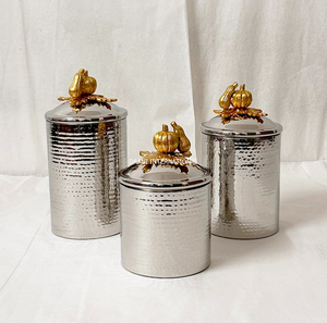 Glam Silver Handcrafted Hammered Metal Canister Set Gold Pumpkin Lids Dishwasher Safe Airtight Kitchen <b>Spice</b> Storage Containers - Product Image 4
