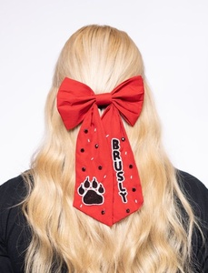 Export Quality Red Satin Hair Bow Clip with Paw Print Embroidery Gameday Sports Cheer Team Hair Accessory <b>Spirit</b> Team Hair Bows - Product Image 1