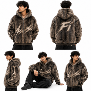 Fournisseur de sweats à capuche en molleton de coton marron pour homme, style streetwear, avec fermeture éclair texturée personnalisée, capuche à bordure brodée en fourrure et motif flamme, pour l'hiver - Product Image 5
