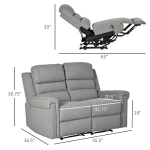 Divano Sezionale Moderno a 2 Posti Reclinabile Manualmente, in Tessuto di Lino Grigio con Imbottitura Spessa in Spugna per Soggiorno - Product Image 3
