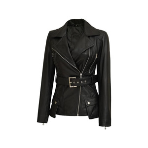 <b>Women</b> Black Genuine <b>Leather</b> <b>Bomber</b> <b>Jacket</b> Fur Trim Sherpa Lined Thick Lightweight Winter Long Sleeve Zipper Belted - Product Image 1