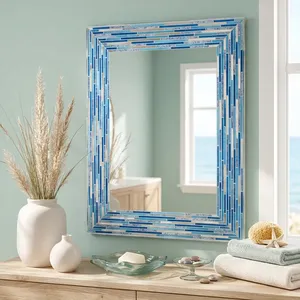 Espejo de Pared Rectangular de Vidrio Mosaico Azul y Blanco, Marco de Azulejos Geométricos Hecho a Mano, Espejo Decorativo de Estilo Costero para una Vida Moderna - Product Image 6