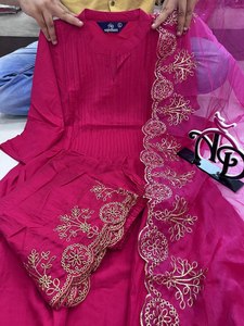 New Lunching Pure Cotton Silk Kurti Pant with Organza Duppata Embroidery TENNECY Party Wear for Wedding <b>Ankle</b>-Length - Product Image 6