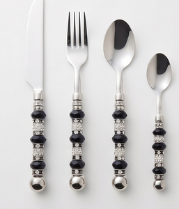 Glam Flatware Set With Black <b>Beaded</b> Handles <b>Mirror</b> Polish Stainless Steel Dishwasher Safe Wedding Tableware - Product Image 1