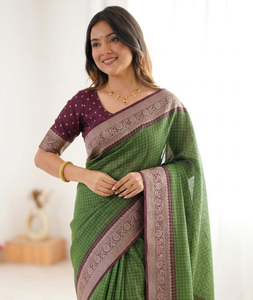 Green Cotton Blend <b>Saree</b> <b>Purple</b> Border Checkered Pattern Women Traditional Indian Wedding Wear Floor Length Regular Fit Sun - Product Image 4