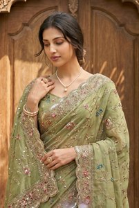 <b>Green</b> Embroidered <b>Silk</b> Saree Set with Choli Traditional Indian Dress Floral Beaded Silky Dupatta Wedding Diwali Party Wear - Product Image 3