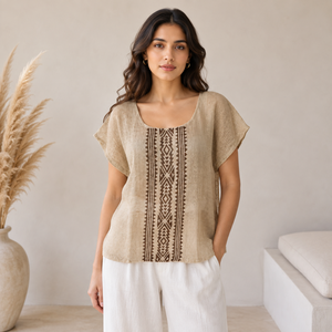 Tunique bohème beige pour femme, broderie géométrique, manches courtes, en coton, décontractée, pour l'été, la plage, les vacances, les festivals, coupe ample - Product Image 3