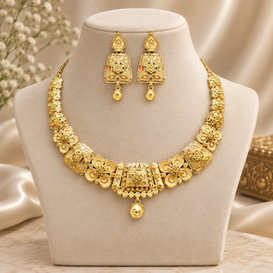 Royal Kundan Floral Necklace Earrings <b>Set</b> | 24K Gold Plated Copper/Brass <b>Jewelry</b> | Trendy Traditional Indian <b>Bridal</b> Party - Product Image 1