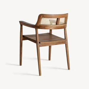 Fauteuil contemporain en bois avec dossier en rotin et revêtement en similicuir pour salle à manger - Product Image 3