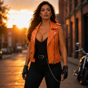 Leather Spot Women's Ostrich Leather Vest Custom Leather <b>Waistcoat</b> | Breathable Moto <b>Biker</b> Style Slim Fit V-Neck Zipper Vest - Product Image 5