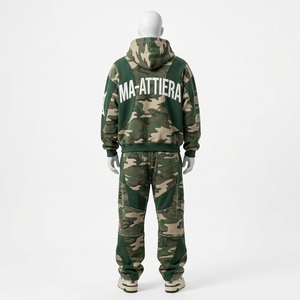 Conjunto de Sudadera con Capucha y Pantalones de Chándal para Hombre, Camuflaje Verde Beige, con Detalles de Paneles, Ajuste Holgado, Estilo Urbano, Personalizado, OEM, ODM, Venta al por Mayor - Product Image 4