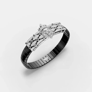 Bracelet en Moissanite Géométrique Motif Lion Couronné, Bande Noire Argentée, Bijou Fin et Majestueux, Pièce d'Exception avec Accents Pavés - Product Image 2