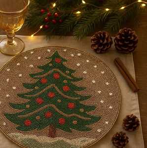 SET 2 Christmas Tree <b>Beaded</b> <b>Placemat</b> Handmade Holiday Table Decor Floral Pattern Eco-Friendly for Home Hotel Use - Product Image 3