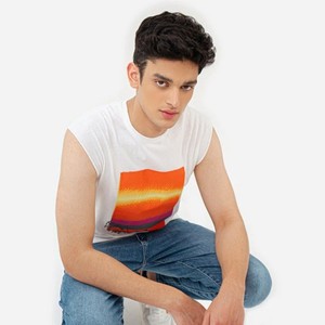 Débardeur sans manches col rond pour homme, blanc, imprimé par transfert thermique, dégradé de couleur, imprimé sur le devant, respirant, décontracté, en coton tricoté 3D - Product Image 3