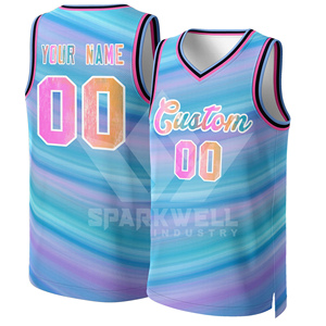 Camiseta de Baloncesto Azul Claro Personalizada, Cuello en V, Sin Mangas, Impresión Sublimada, Patrón de Arcoíris, Unisex, para Adultos, Todas las Temporadas - Product Image 4