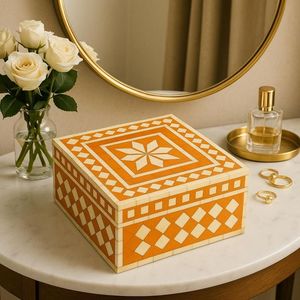 High quality Wooden Jewelry Box With Bone Inlay Orange Geometric Pattern <b>Decorative</b> Storage Case For <b>Dressing</b> <b>Table</b> - Product Image 1