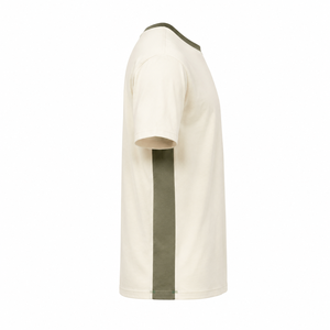 Camiseta de Algodón Crema Personalizada con Panel Lateral Verde Oliva en Contraste, Cuello Redondo, Manga Corta, Top Informal para Hombre - Product Image 6