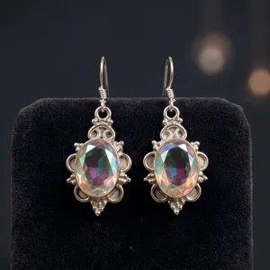 Vintage 925 Silver Drop <b>Earrings</b> With Oval Topaz Gemstone Bezel Setting For Women Party Jewelry - Product Image 4