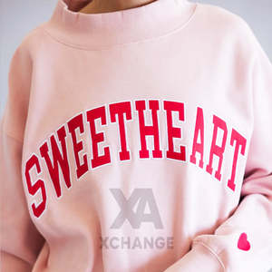 Sudadera Rosa Oversize de Cuello Redondo con Cuello Alto Simulado para Mujer, Bordada, de Manga Corta, con Estampado de Letras Delanteras, de Algodón Tejido, para Invierno - Product Image 2