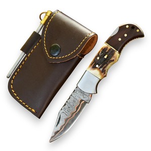 Nordic Forge Copper Damascus Steel Industrial Grade Folding <b>Knife</b> Back <b>Lock</b> STag & Rosewood Handle Pocket Clip Sheath OEM EDC - Product Image 1