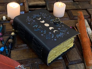 Large Leather Grimoire Journal with Water Color Paper 200 Sheets Spiral Bound Moon Phases <b>Book</b> of Shadows & Blank Spell <b>Notebook</b> - Product Image 3