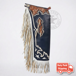 Chaps de Rodeo Western pour Homme en Cuir Véritable Blanc avec Franges, Ceinture Ornée de Motifs Floraux, Coutures Décoratives, Fermeture à Boucle, Coupe Décontractée - Product Image 3
