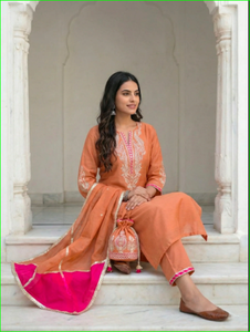 Ensemble de costume brodé Gota Peach Mal Chanderi coupe trapèze - Product Image 3